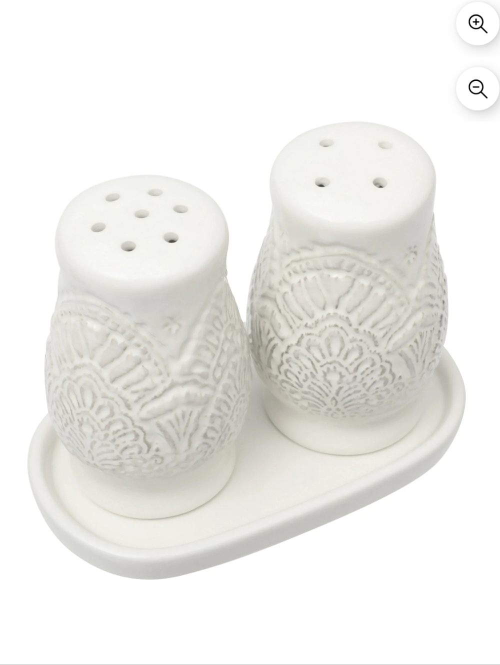 New The Pioneer Woman Vintage Lace  Embossed Ceramic Salt and Pepper Shaker Set